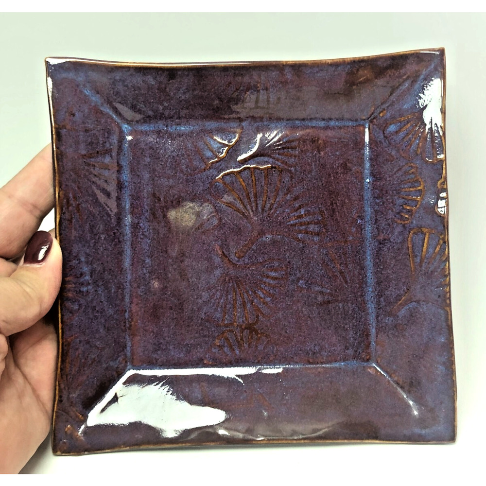 Handmade Slab Pottery Purple Square Trinket Dish Plate Ginkgo Leaf Pattern TP